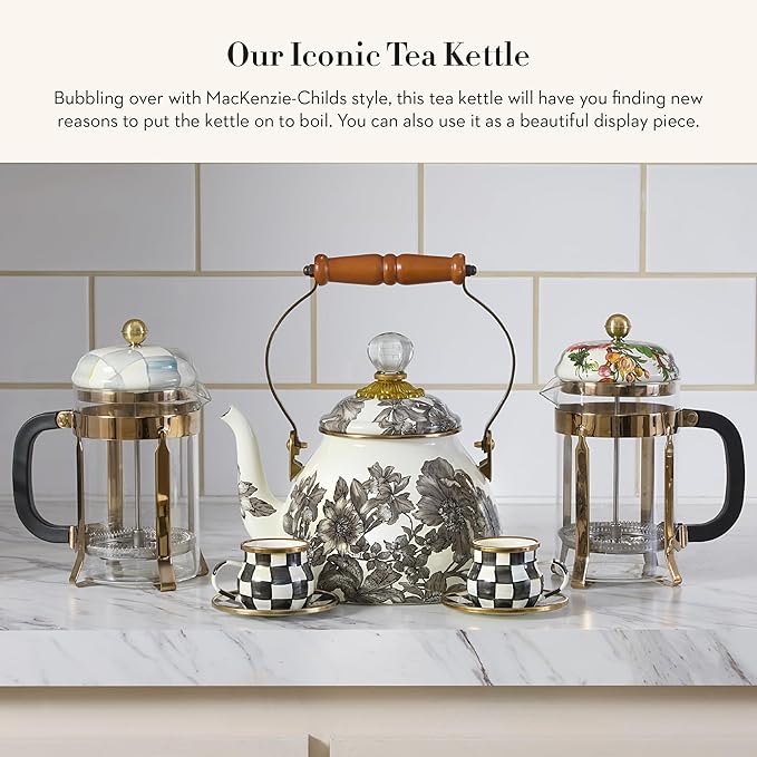 MACKENZIE-CHILDS 2-Quart Enamel Tea Kettle, Cute Tea Kettle for Stovetop, Sterling English Garden