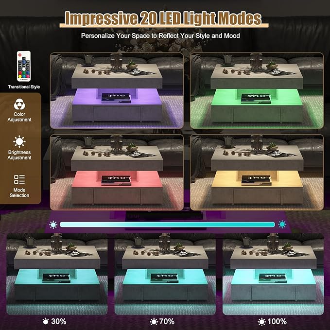 Grey LED Coffee Table with 2 Storage Drawers for Living Room Square Center Middle Table Modern Cocktail Table with Light 2-Tier Tea Tables Contemporary Mid Century Wood Home Office Waiting Room