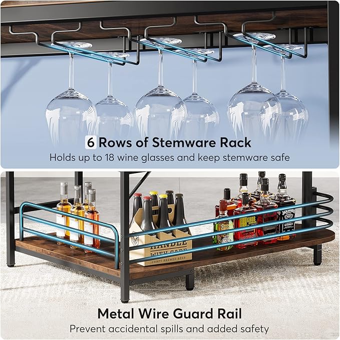 Tribesigns L-Shaped Home Bar Unit, 3 Tier Liquor Table With Storage Shelves and Wine Glasses Holder, Industrial Corner Wine Cabinet Mini Bar for Home Kitchen Pub, Rustic Brown