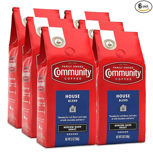 Community Coffee House Blend, 72 Ounces Ground Coffee, Medium Dark Roast, 12 Ounce Bag (Pack of 6)