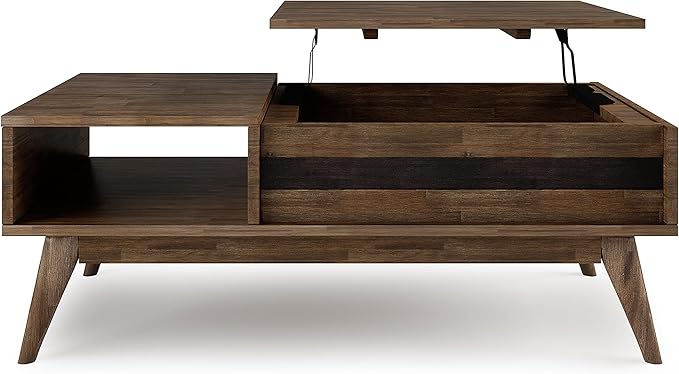 SIMPLIHOME Clarkson Lift Top Coffee Table - 48 inch Wide Solid Acacia Wood Mid-Century Cocktail Table in Rustic Natural Aged Brown, Stylish Living Room Table with Storage Compartment and Open Shelf