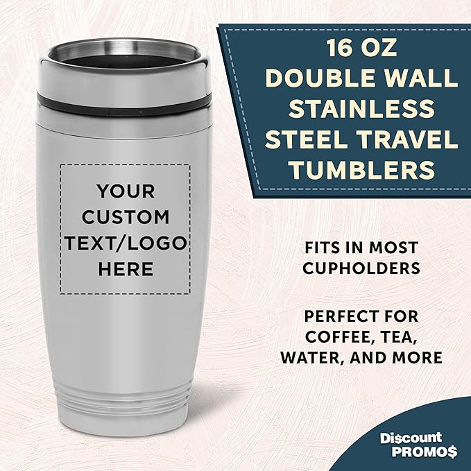 DISCOUNT PROMOS Custom Stainless Steel Tumblers 16 oz Set of 6/12/24 Personalized Bulk Pack Perfect for Coffee Soda Other Hot Cold Beverages - Silver