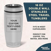 DISCOUNT PROMOS Custom Stainless Steel Tumblers 16 oz Set of 6/12/24 Personalized Bulk Pack Perfect for Coffee Soda Other Hot Cold Beverages - Silver