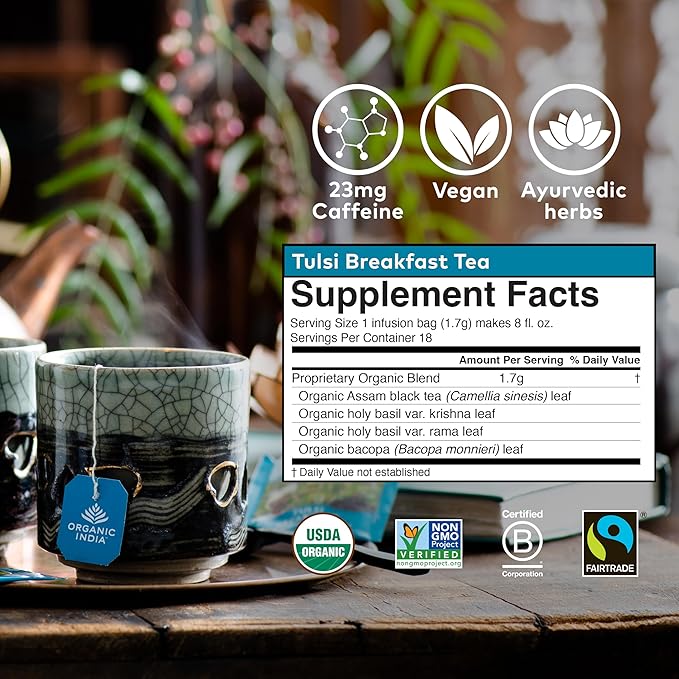 ORGANIC INDIA Tulsi Breakfast Herbal Tea - Black Tea, Holy Basil, Relieve Stress & Energize, Immune Support, Adaptogen - Vegan, USDA Certified Organic, Non-GMO, Caffeinated - 18 Infusion Bags, 6 Pack