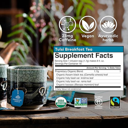 ORGANIC INDIA Tulsi Breakfast Herbal Tea - Black Tea, Holy Basil, Relieve Stress & Energize, USDA Organic, Non-GMO, Caffeinated - 18 Bags, 3 Pack