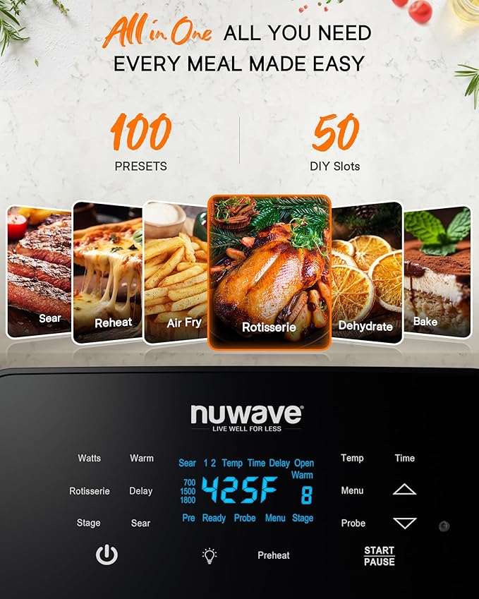 Nuwave Brio 15.5Qt Air Fryer Rotisserie Oven, X-Large Family Size, Powerful 1800W, 4 Rack Positions, 50°-425°F Temp Controls, 100 Presets & 50 Memory, Integrated Smart Thermometer, Linear T Technology