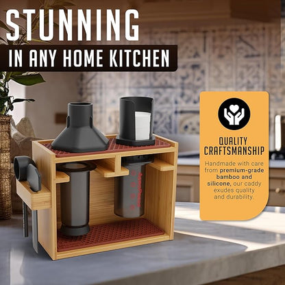 HEXNUB – Bamboo Organizer for AeroPress, Coffee Caddy Station Holds AeroPress Coffee Maker, Accessories, Filters, Cups, Stand includes Dripper Mats (Brown)