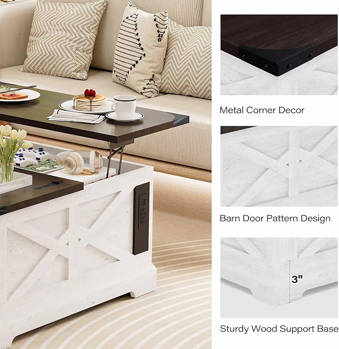 LAUSAINT HOME Farmhouse Lift-Top Coffee Table with Large Hidden Storage Compartment, Wood Square Center Table with Lifting Top for Living Room, Home Office, White
