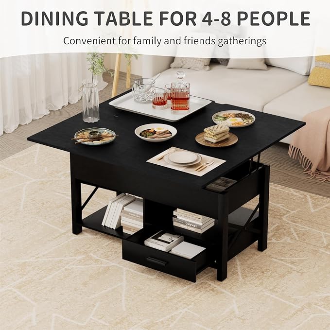 Lift Top Coffee Table with Storage, Black Lift Top Coffee Table with Drawers and Hidden Compartment, Multi-Functional Center Table, Lift Tabletop Dining Center Table for Home Living Room Office
