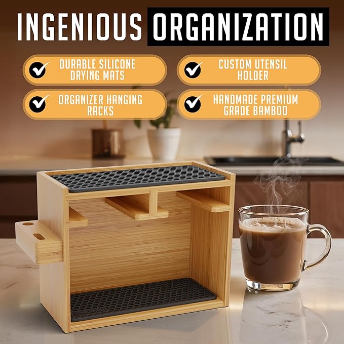 HEXNUB – Bamboo Organizer for AeroPress, Coffee Caddy Station Holds AeroPress Coffee Maker, Accessories, Filters, Cups, Stand includes Dripper Mats (Black)