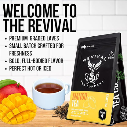 Revival Tea Company Mango Tea - Black Tea Blend with Real Mango Pieces and Flavor - 24 Tea Bags