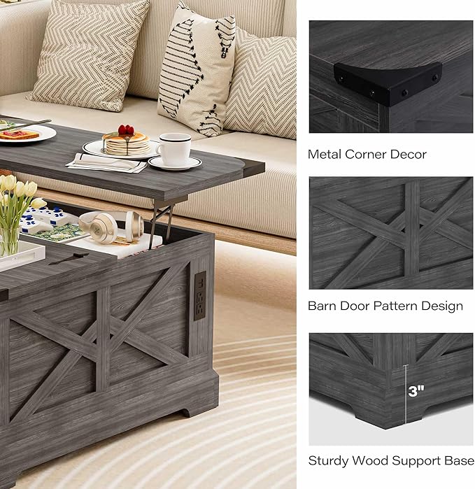 LAUSAINT HOME Farmhouse Lift Top Coffee Table with Large Hidden Storage Compartment, Wood Square Center Table with Lifting Top for Living Room, Home Office, Gray