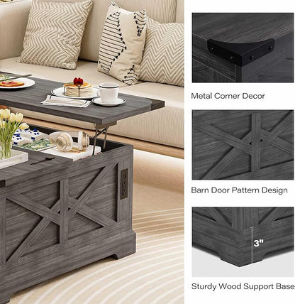 LAUSAINT HOME Farmhouse Lift Top Coffee Table with Large Hidden Storage Compartment, Wood Square Center Table with Lifting Top for Living Room, Home Office, Gray
