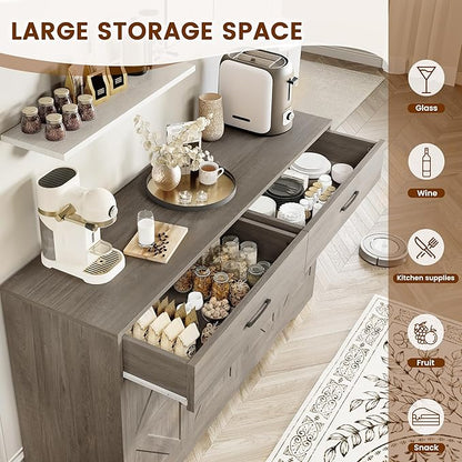 55" Sideboard Buffet Cabinet with Storage, Large Kitchen Storage Sideboard with Drawers & Doors, Modern Wood Farmhouse Coffee Bar Cabinet, Buffet Table for Kitchen, Dining Room, Living Room, Dark Wood