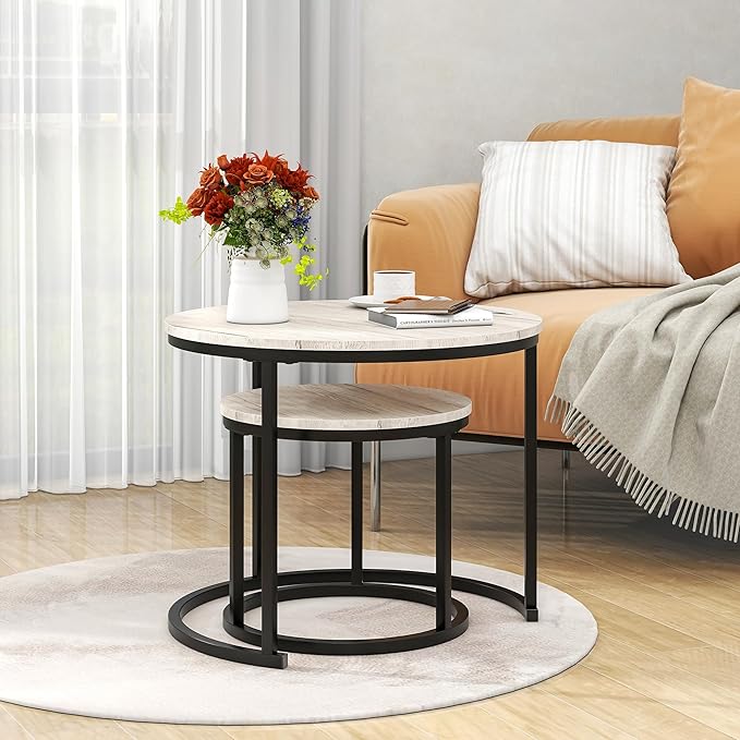 Round Coffee Table Set of 2 for Living Room,Black Small Coffee Table Living Room Table,Nesting Tables Metal Frame/Wood,Sturdy and Easy Assembly,Stacking Side Tables Bedroom,White Oak