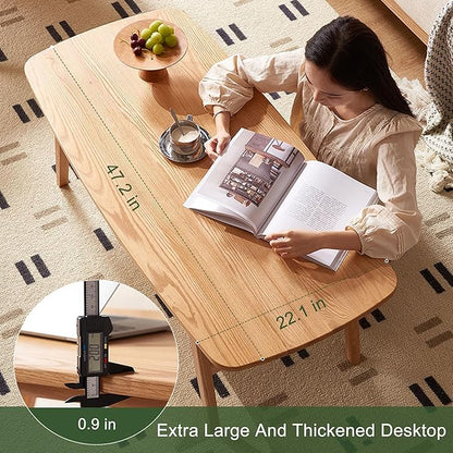 Modern Solid Wood Coffee Table, 2-Tier Small Wooden Coffee Table with Storage Shelf for Living Room, Apartment, Office, Natural (48''D x 22''W x 18''H)