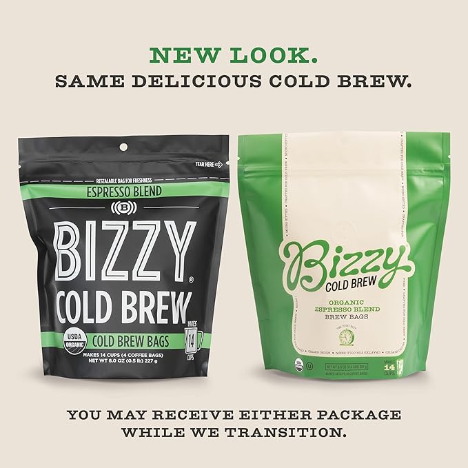 Bizzy Organic Cold Brew Coffee | Espresso Blend | Coarse Ground Coffee | Medium-Dark Roast | Micro Sifted | Specialty Grade | 100% Arabica | Brew Bags | 4 Count | Makes 14 Cups