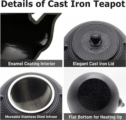 40.6oz Cast Iron Teapot Set with Cast Iron Warmer, Japanese Tetsubin Tea Kettle Set with Cups,Cast Iron Teapot with Stainless Steel Infuser and Enameled Interior for Stovetop Safe(1200ml)