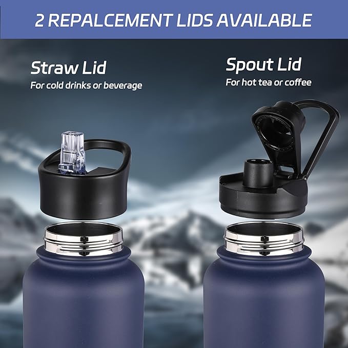 HASLE OUTFITTERS 32 oz Insulated Water Bottle Stainless Steel Double Walled Vacuum Sports Water Bottle with 2 Lids (Straw and Spout Lid) for Gym Camping Hiking(Navy,8)