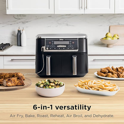 Ninja DZ550 Foodi 10 Quart 6-in-1 DualZone Smart XL Air Fryer with 2 Independent Baskets, Smart Cook Thermometer for Perfect Doneness, Match Cook & Smart Finish to Roast, Dehydrate & More, Grey