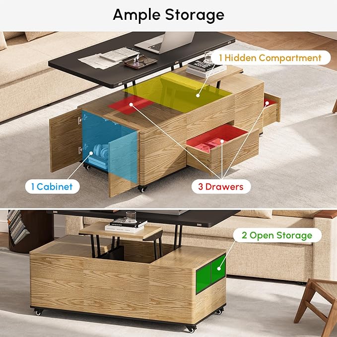 homary Modern 47" Lift-Top Coffee Table, Black & Walnut with 3 Drawers, 2 Open Storage Compartments, Hidden Cabinet, Convertible Dining Office Table for Living Room Small Spaces