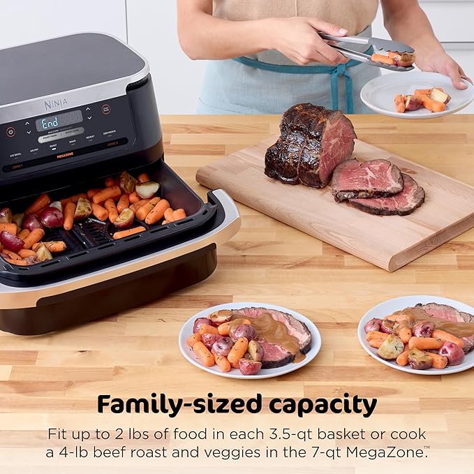 Ninja Foodi 6-in-1 FlexBasket Air Fryer with 7-QT MegaZone & Basket Divider for Large Proteins & Full Meals, Smart Finish Cook 2 Foods 2 Ways, Family Sized Capacity, Air Fry, Roast & More, Black DZ071