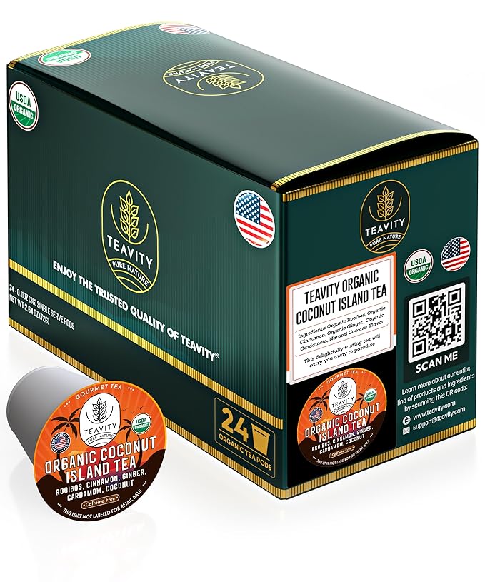 Coconut Rooibos Tea Pods for Keurig - Organic Ginger Tea, Rooibos, Cinnamon, Cardamom, Coconut by Coconut Island Teavity (24 Tea Pods)