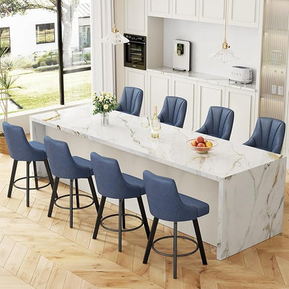 Swivel Bar Stools with Backs, 24" Counter Height Bar Stools Set of 8, Fabric Upholstered Counter Barstools with Solid Wood Legs for Kitchen Island, Home Bar, Blue