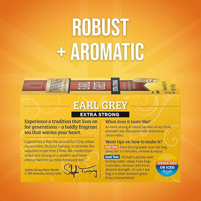 Twinings Earl Grey Extra Strong Black Tea Individually Wrapped Bags, 20 Count (Pack of 1), Flavoured with Citrus and Bergamot, Caffeinated, Enjoy Hot or Iced, 20 Teabags