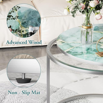 aboxoo Coffee Table Nesting Side Round Set of 2 End Table Green Art Table Top Sturdy Metal Frame Desk Centerpiece Living Room Bedroom Apartment Modern Industrial Simple Nightstand