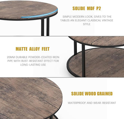 Round Coffee Table, Rustic Wooden Surface Top & Sturdy Metal Legs Industrial Sofa Table for Living Room Modern Design Home Furniture with Storage Open Shelf (Walnut, 27.6 in)