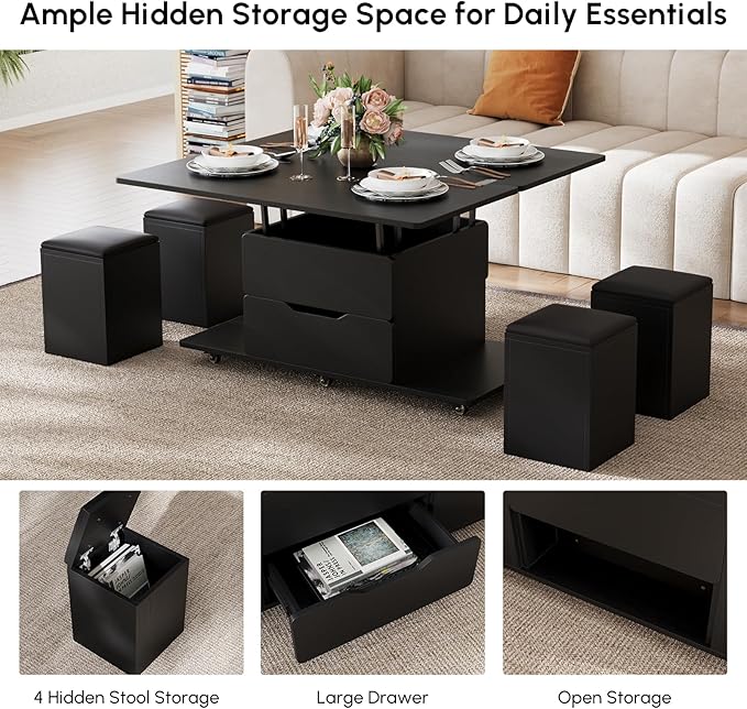 homary Black Lift-Top Coffee Table with Hidden Storage, 3-in-1 Modern Folding Center Table with 4 Stools, Casters, and Lockable Wheels – Convertible Dining & Office Table for Living Room