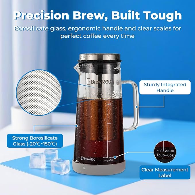 BrewMOO- Airtight Cold Brew Coffee Maker Pitcher, 1.0L/34Oz Thick Glass Carafe with Filter, Comfort Sturdy Handle & Wide Spout, Non-Slip Base | Iced Tea Maker (Grey)