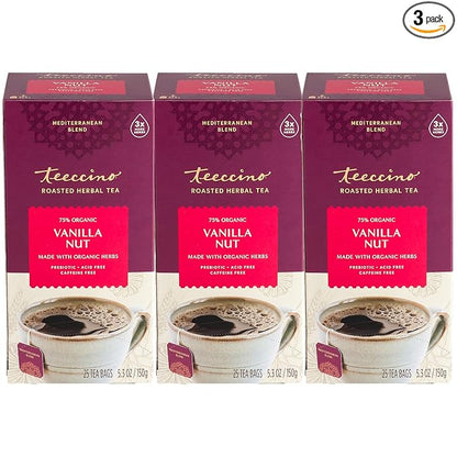Teeccino Vanilla Nut Herbal Tea - Rich & Roasted Herbal Tea That’s Caffeine Free & Prebiotic for Natural Energy, 25 Tea Bags (Pack of 3)