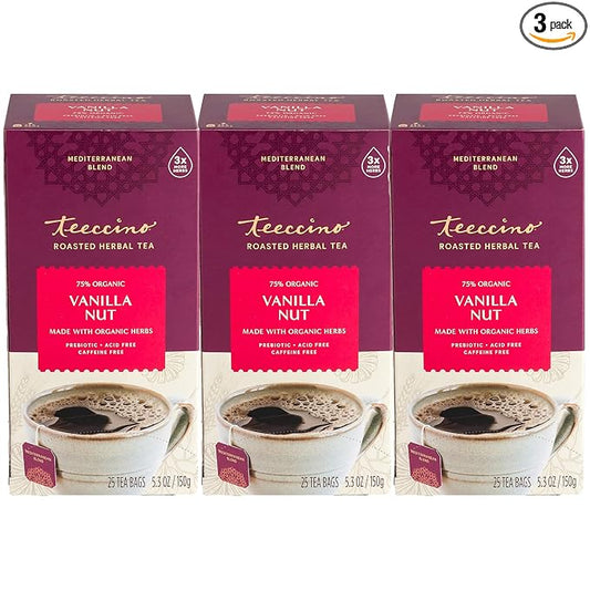 Teeccino Vanilla Nut Herbal Tea - Rich & Roasted Herbal Tea That’s Caffeine Free & Prebiotic for Natural Energy, 25 Tea Bags (Pack of 3)