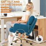 Load image into Gallery viewer, Flannel Office Chair, Comfy Home Office Desk Chairs with Lumbar Support, Modern Velvet Desk Chair Gold Legs Small Swivel Task Chair for Home Office, Bedroom, Study (Blue, L)