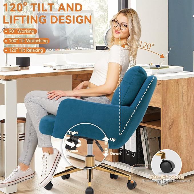 Flannel Office Chair, Comfy Home Office Desk Chairs with Lumbar Support, Modern Velvet Desk Chair Gold Legs Small Swivel Task Chair for Home Office, Bedroom, Study (Blue, L)