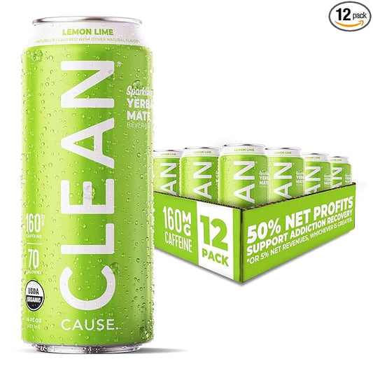 CLEAN Cause Low Calorie Lemon Lime USDA Organic Sparkling Yerba Mate Tea (16oz cans, 12-Pack Case) Low Sugar, 160mg Caffeine, Healthy Alternative to Soda & Energy Drinks.