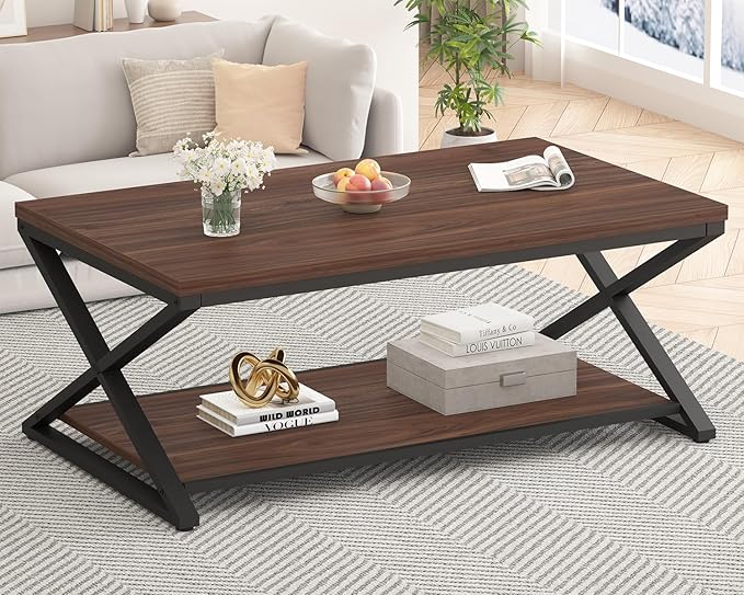 HSH Walnut Coffee Table for Living Room, Rustic Metal Wood Coffee Table with Storage Shelf, Modern Minimalist Rectangle Center Table, 2 Tier Simple Cocktail Tea Table in Home Office Bedroom, 47 Inch