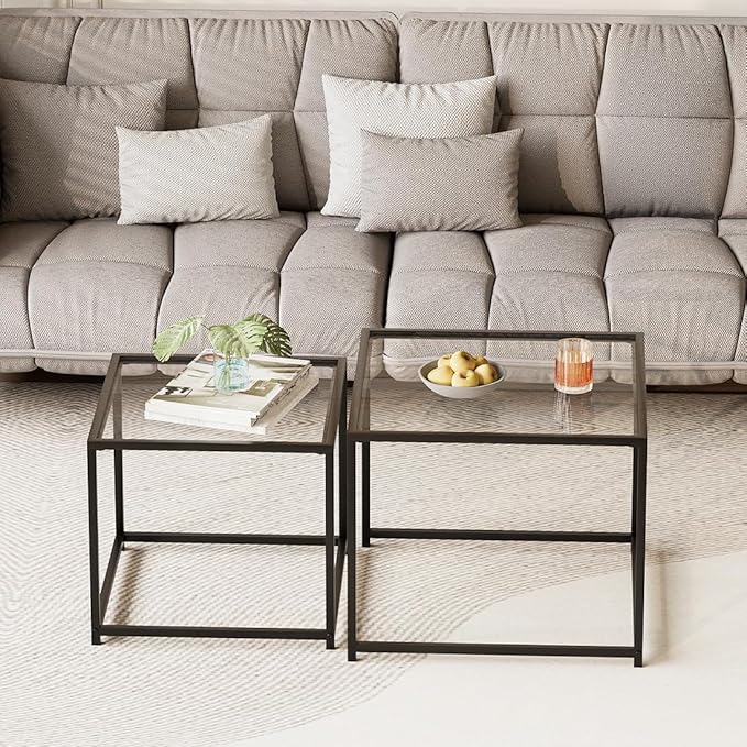 VILAWLENCE Coffee Table Set of 2, Modern Black Glass Side Table, Metal Frame Square End Table, Center Tables, Nesting Coffee Table for Living Room, Bedroom and Small Spaces, 23.6in