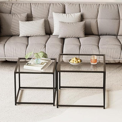 VILAWLENCE Coffee Table Set of 2, Modern Black Glass Side Table, Metal Frame Square End Table, Center Tables, Nesting Coffee Table for Living Room, Bedroom and Small Spaces, 23.6in