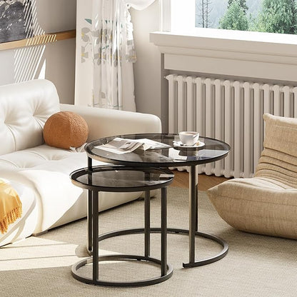 aboxoo Nesting Coffee Table Grey Glass Table Set of 2, Small Round Glass Nesting Tables for Living Room Bedroom, Accent Tea Table with Metal Frame Modern Industrial Simple