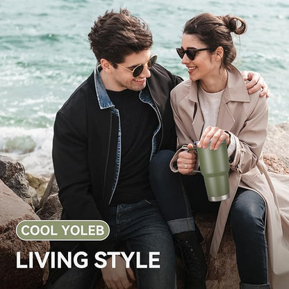 30 oz Tumbler with Handle and Lid, Stainless Steel Tumblers Bulk Double Wall Vacuum Insulated Travel Mug Leak Proof Cup Keep Drinks Cold and Hot Army Green, 4 Pack