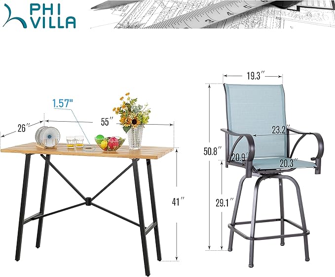 PHI VILLA 5 Piece Patio Bar Height Dining Set, Outdoor High Top Patio Table and Chairs Set with 4 Outdoor Bar Stools & 41" Wood-Like Iron Bar Table with 1.57" Umbrella Hole for Garden