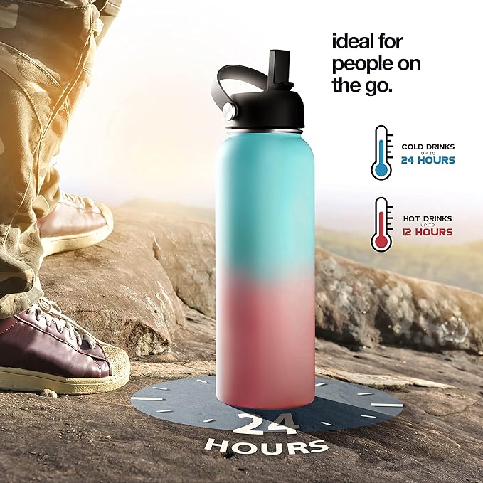 Stainless Steel Insulated Water Bottle and Travel Mug for Hot and Cold Beverages, Wide Mouth, Double Wall Insulated Hydration Sports Water Bottle for Hiking, Biking, Outdoor, 32 OZ BPA Free