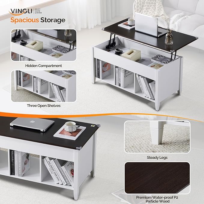 VINGLI Lift Top Coffee Table, White, with Storage Shelf/Hidden Compartment, Gas Lifting Mesa De Centro para Sala Pop Up Coffe Table