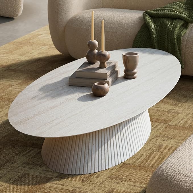 win2win Oval Coffee Table, Modern Faux Stone Coffee Table with Fluted Design, Travertine Tea Table with Tapered Base, Minimalist Center Table for Living Room, Apartment, Office, Stone