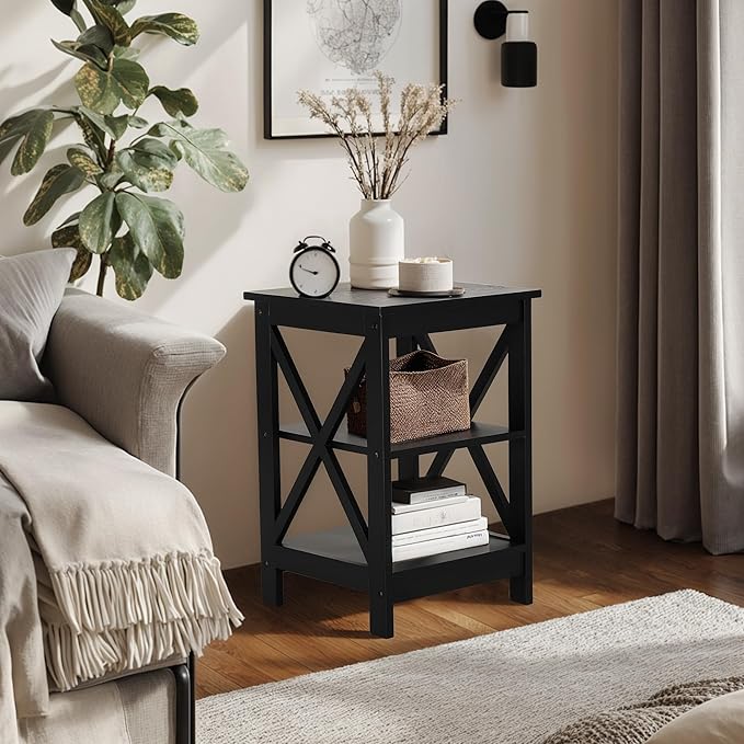 PHI VILLA Black End Table, Side Table for Living Room Set of 2, Nightstand/Bedside Table