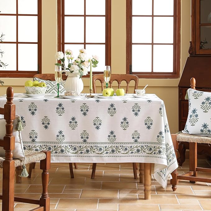 Designer White Linen Long Rectangle Tablecloth,Chinoiserie Floral Elegant Indoor Table Cloth,Fall Stain Proof Decor Tablecloths for Dining Thanksgiving Kitchen,63"*94"-Mosella F