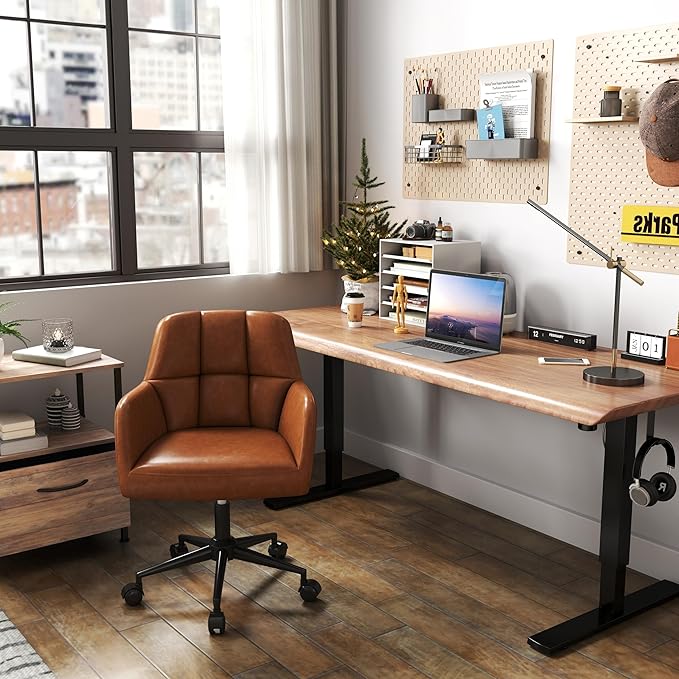 VESCASA Adjustable Home Office Desk Chair with Comfy Square Tufted Mid-Back, Faux Leather 360 Swivel Upholstered Task Armchair with Wheels for Teens Bedroom/Living Room, Brown